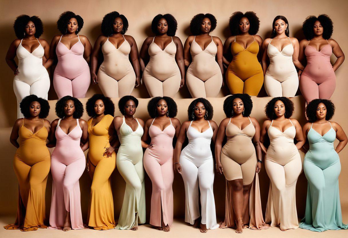 A captivating collage of diverse body types celebrating body positivity, showcasing intimate and provocative poses in an artistic and tasteful manner. Include elements like soft lighting, flowing fabrics, and natural settings that evoke warmth and acceptance. Integrate empowering quotes subtly within the background. The colors should be a blend of warm pastels and earthy tones to radiate comfort and authenticity. vibrant colors. super-realistic.